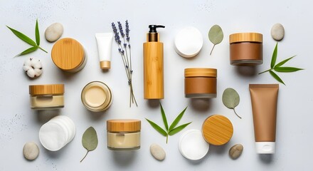 A serene arrangement of natural skincare products with bamboo packaging and lavender on a light background