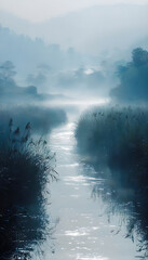 Misty Dawn: Serene River Flowing Through Reeds in Soft Blue Light with Calm Atmosphere at Sunrise in Nature Landscape