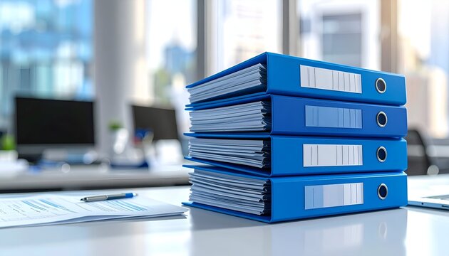A stack of blue binders filled with documents on a modern office desk with city skyline in the background