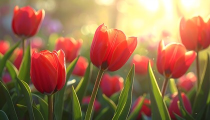Vibrant red tulips blooming in a sunlit garden, surrounded by greenery and soft bokeh effects in the background