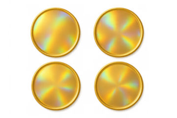 Gold holographic round blank buttons with shiny rim, empty golden labels on transparent background