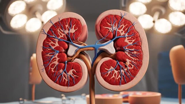 Adrenal Gland Anatomy Cross Section Under Surgical Lights in Hospital Room Render Depicting Medical Detail and Scientific Illustration of Human Biology and Internal Organ Structure