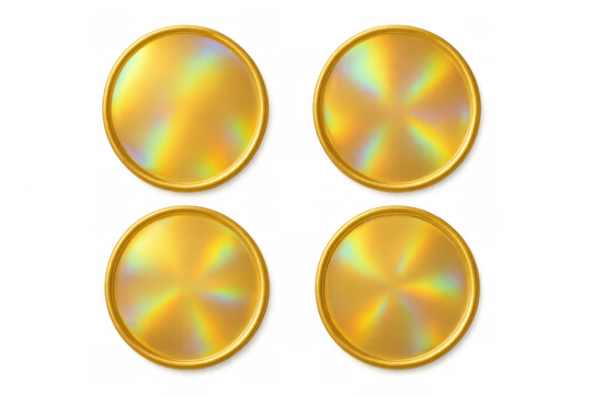 Gold holographic round blank buttons with shiny rim, empty golden labels on transparent background