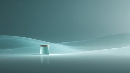 Glowing cosmetic jar over soft dreamy waves in abstract landscape