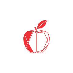 Red geometric apple illustration with a leaf on a white background.