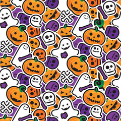 Halloween Seamless Pattern with Pumpkins, Skulls, and Ghosts