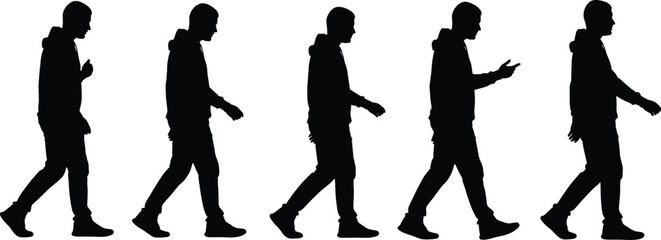 Silhouette sequence of person walking in hoodie, illustrating human locomotion, step progression, motion analysis, and lifestyle movement for design
