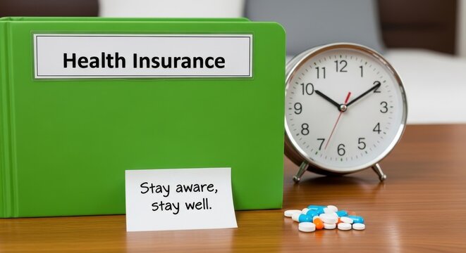 A green health insurance folder with pills and alarm clock