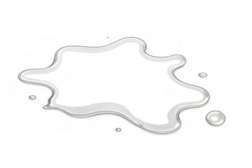 Clear liquid splashing on surface forming a puddle with water droplets. Transparent background