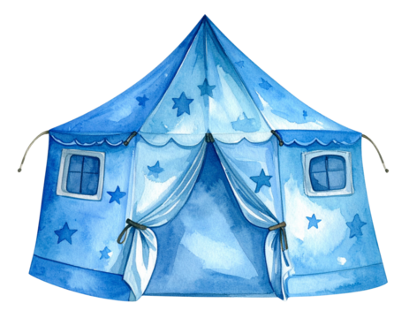Tilted Perspective of Starry Night Blue Play Tent, Watercolor Style, Isolated