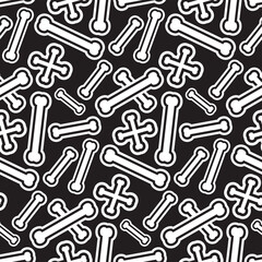 Graphic Seamless Pattern of White Crossbones and Dog Bones on a Black Background, Halloween Theme Vector Illustration