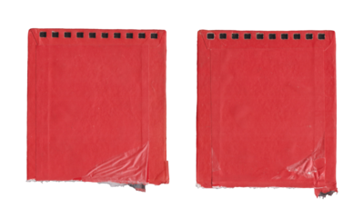 Two red square notepads with black spiral binding isolated on transparent background, close up shot