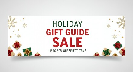 Festive holiday gift guide sale banner decorated with presents, snowflakes, and gold accents, concept of seasonal shopping and promotion.

