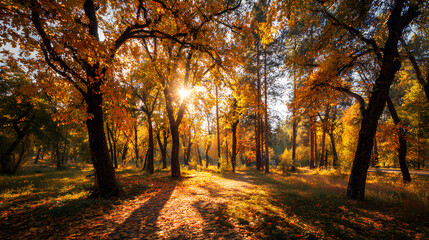 Naklejka premium Colorful forest in sunlight. Autumn landscape with yellow trees and sun. Beautiful foliage in the park.