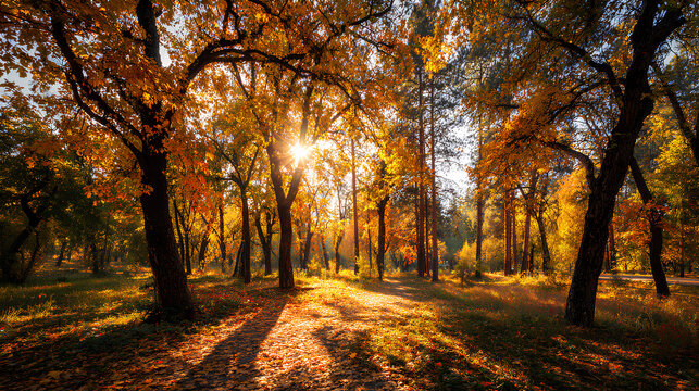 Colorful forest in sunlight. Autumn landscape with yellow trees and sun. Beautiful foliage in the park.