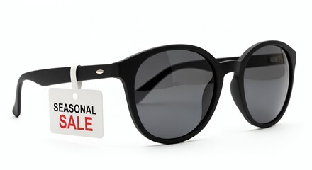 Stylish black sunglasses with white tag reading seasonal sale on white background, concept of summer discount and fashion promotion.
