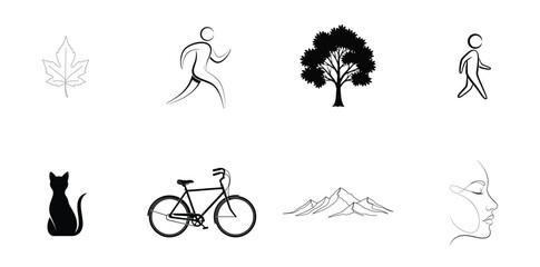 Collection of simple line art and silhouette icons