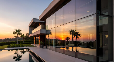 Fototapeta premium Modern luxury villa with large glass windows reflecting a vibrant sunset over a swimming pool and palm trees.