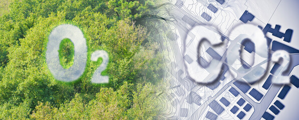 More trees reduce the amount of CO2 in our cities - concept image with O2 text against woodland and CO2 text against an immaginary city map