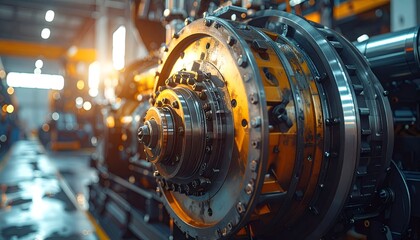 Close-up view of a large industrial engine in a manufacturing facility with warm lighting and machinery