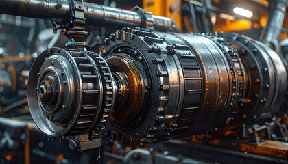 Fototapeta premium Close-up of a complex industrial engine component in a busy manufacturing facility with machinery