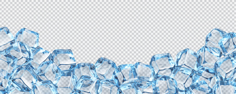 Realistic ice cubes background with crystal ice blocks frame, transparent vector. Ice cubes of frozen cold water with cool frosty texture and glossy melt of icy ice cubes on transparent background