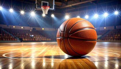 A close-up of a basketball on a polished wooden court in an empty arena, illuminated by bright overhead lights