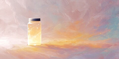 Glowing jar resting calmly on organic waves of abstract warm pastel textures
