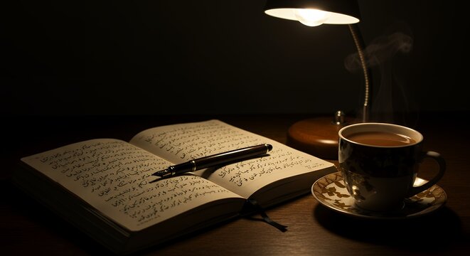 Atmospheric still-life photograph of an open notebook featuring handwritten Urdu shayari, accompanied by a fountain pen and a steaming cup of tea