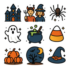 Halloween icons like a castle and pumpkins, perfect for festive design projects, social media posts, and invitations.