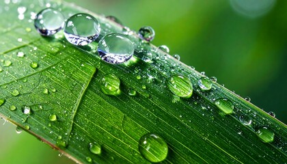 Macro shot of water droplets clinging to a vibrant, green leaf's surface