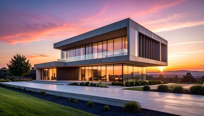 Modern architectural masterpiece at sunset, showcasing sleek lines and expansive glass, surrounded by lush greenery