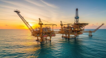 Offshore Oil Rig in Action During a Golden Sunset