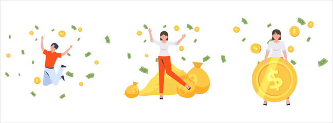Naklejka premium Happy business people celebrating financial success and income achievement. concept of prosperity, earnings, and wealth freedom illustration.