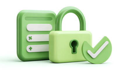 Computer security login form with password and padlock and green check mark 3d illustration isolated on white background. Secure access, cyber security, safety, protection concept