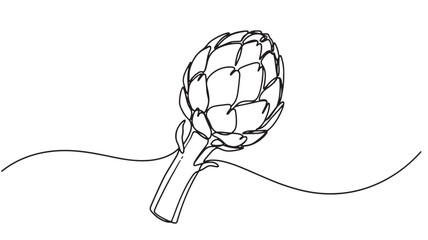 Artistic single line drawing of a fresh artichoke with stem and subtle wavy lines below