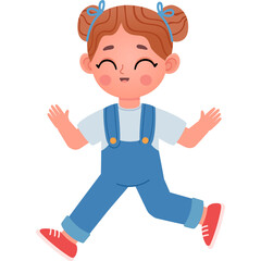 Cartoon illustration of a happy young girl wearing blue overalls and a white t-shirt with red sneakers and blue hair bows jumping joyfully on a transparent white background in a playful pose.