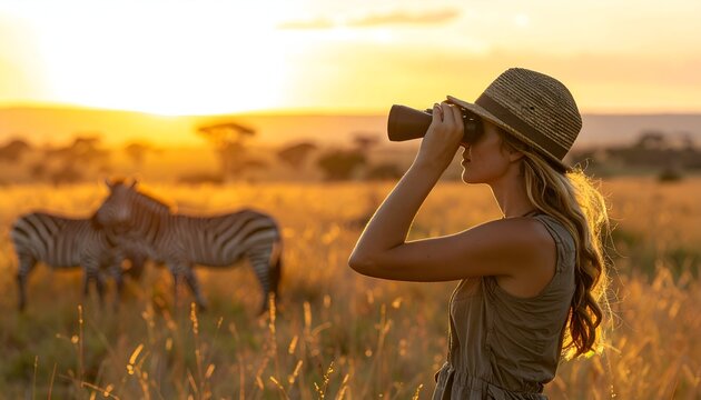 Woman observing zebras through binoculars during a stunning sunset in a golden savanna landscape