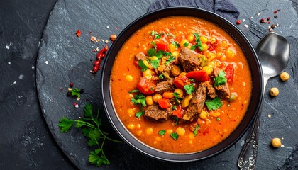 Overhead view of a vibrant stew served in a black bowl with spoon