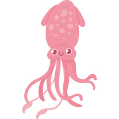 Pink Cartoon Squid Animal with Happy Face and Dangling Tentacles Against a Transparent Background