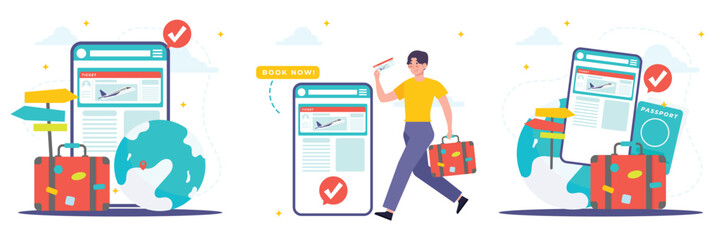 Character Illustration of online check-in process. Man with luggage managing digital forms. Flat design for easy travel management.