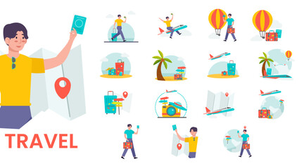 Set Bundle Travel and tourism flat vector illustration. people preparing for vacation, sightseeing, and adventure with suitcase, map, airplane, and passport.