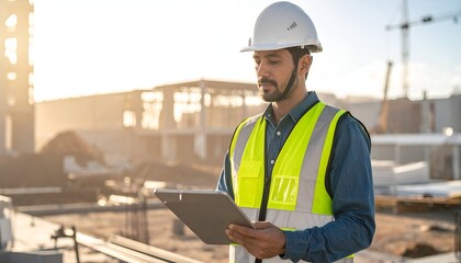 Construction worker in safety gear reviewing plans on a tablet at a building site during sunset