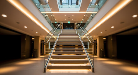 Symmetrical view of an illuminated staircase in a contemporary architectural interior.