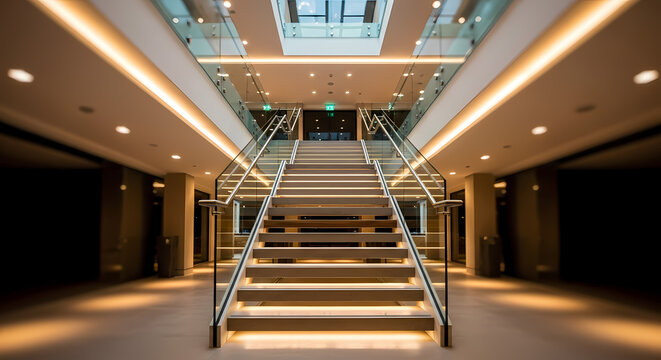 Symmetrical view of an illuminated staircase in a contemporary architectural interior.