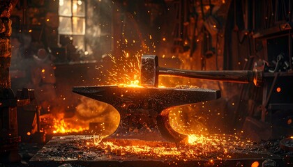 A blacksmith forges a glowing metal piece on an anvil, sparks flying in a warm, rustic workshop