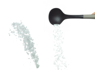 Salt rock flower pour fall in ladle, white Salt rock flower cook abstract cloud fly. Big size ground salt splash in air, food object element design. White background isolated high speed freeze motion