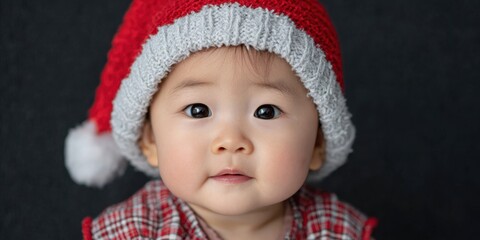 Adorable baby wearing red santa hat celebrating christmas