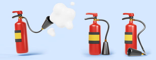3d foam fire extinguisher cartoon isolated render icon. Chemical firefighter equipment set with liquid flow of powder or aerosol. Emergency red container tool for rescue with button. 3D illustration