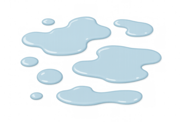 Water puddles and liquid drops on a transparent background, representing wetness, spills, and clear aqua fluid